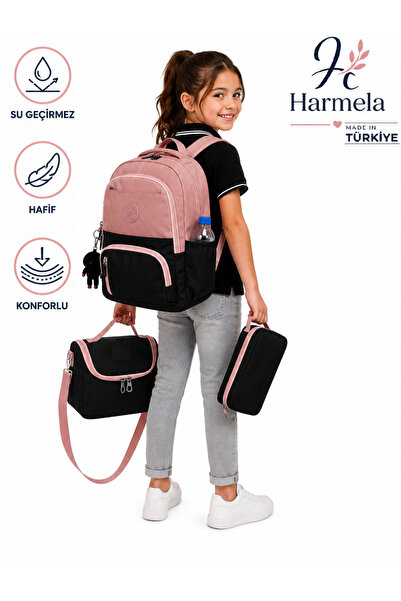 Harmela حقيبة مدرسية باللون الأسود البودرة مع حافظة للغداء وحافظة أقلام، طقم ...