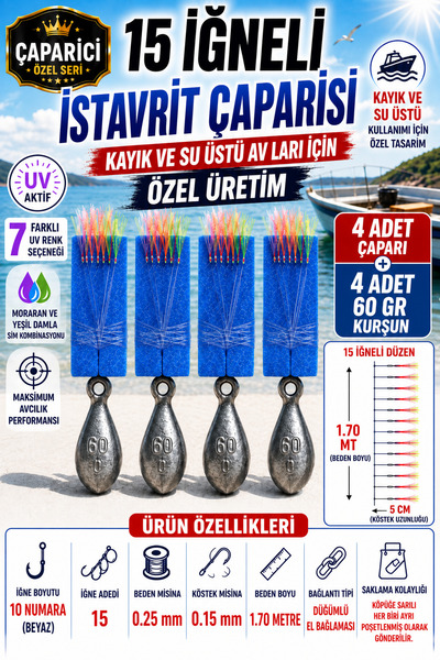 Caparici 15 İğneli İstavrit Çaparisi 4 Adet+60 Gr 4 Adet Kurşun 10 Numara İğne