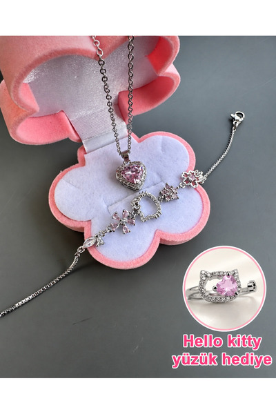 shop PEMBE KALPLİ ÇELİK KOLYE VE HELLO KITTY BİLEKLİĞİ