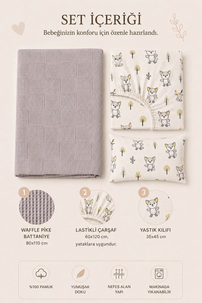 Bebelz 100% Cotton Mother's Side Park Bed Compatible Baby Pique and Sheet Set 3-Piece Set (Light Gray)-Compatible with 60X120-70X110-70X120 Beds