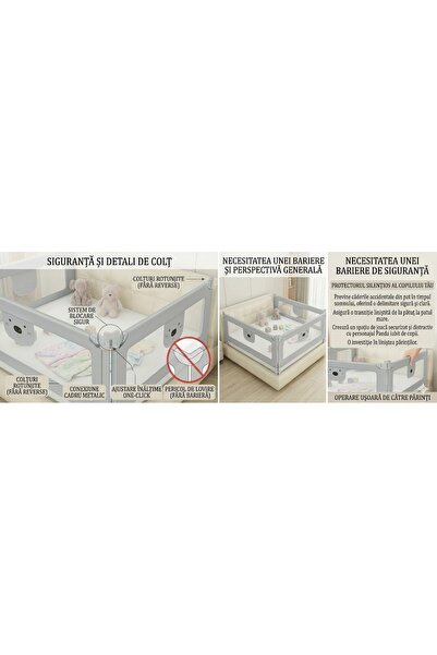 ROHS Set de 3 Parapeturi de siguranță gri pentru pat, 2x200cm + 1x140cm, Înălțime reglabilă 68-98cm, Protecție pentru orice pat, Gri, Conectori incluși