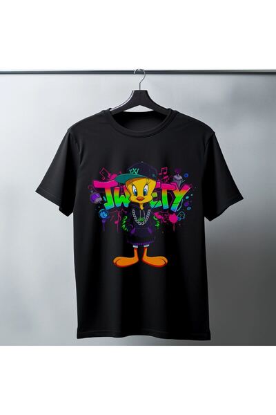 Generic Brand Tweety Graffiti Printed Unisex Black Oversize T-Shirt - 24/1 Co...