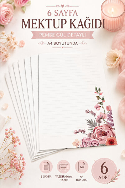 Welly Jones Pink Rose Detailed, Striped Letter-Note Paper, (10 Pieces A4 Size)