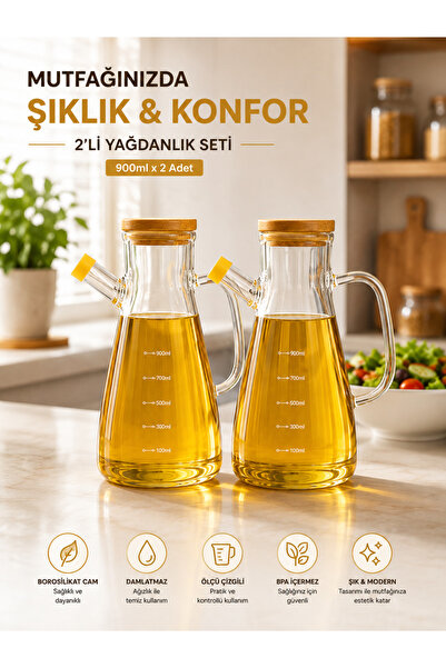 prokitchen 2 قطعة وعاء زيت من زجاج البوروسيليكات سعة 900 مل 2 قطعة وعاء زيت