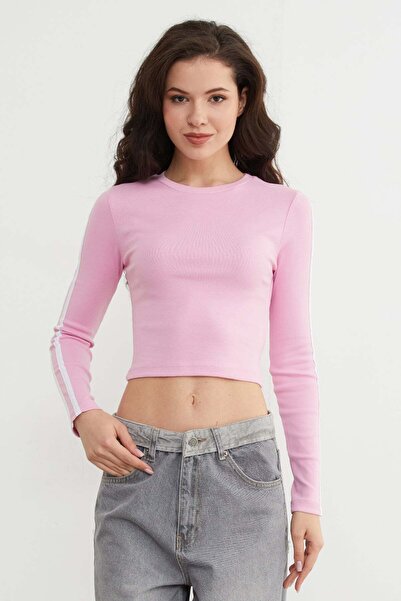 Fulla Moda Bisiklet Yaka Kolları Biye Detaylı Crop Body