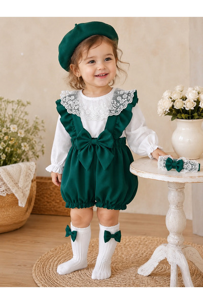 BİYA BABY kız çocuk bebek askılı yeşil şort gömlek şapka bandana çorap takım