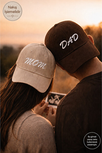 sf collection MOM & DAD Nakışlı Kahverengi-Krem 2’li Çift Kombin Şapka