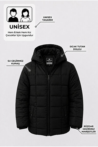 Tonny Black Children's Unisex Black Regular Fit Square Detailed Hooded Coat