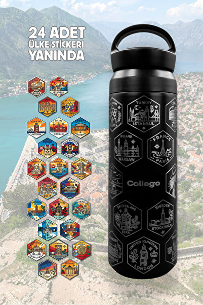 Collego 500 ml Avrupa Seyahat Termosu – 24 Ülke Lazer İşlemeli – UV DTF Sticker Setli - Kadın Serisi - Voyager NO3
