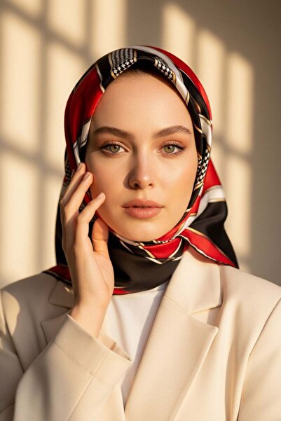 Vissona %100 Twill İpek Kareli Kazayaklı Desenli Siyah - Kırmızı Renkli 90x90...