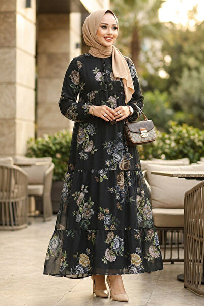 Neva Style Çiçek Desenli Siyah Tesettür Elbise 22052S