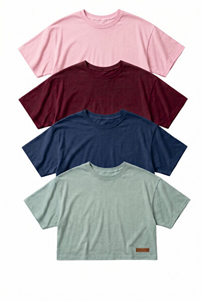 FHELIA Women's 4-Pack Cotton Breathable Fabric Crew Neck Oversize Basic Crop ...
