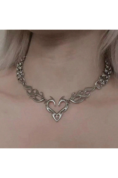 Choice Steel Gray Y2K Punk Silver Hollow Flame Heart Pendant Women's Hip Hop ...