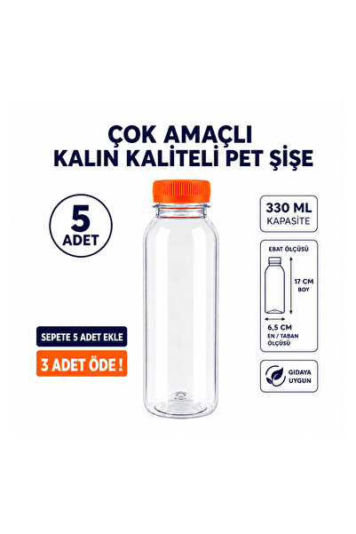 Tuffix 5 ADET Çok Amaçlı 330 ml Kapaklı Kaliteli Kalın Pet Şişe - Gıdaya Uygun
