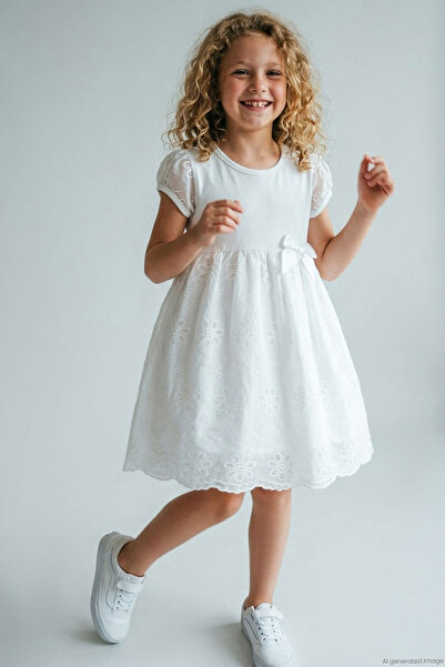 Breeze Girl's Short-Sleeved Dress with Scallop Hem and Floral Embroidery, Bow...