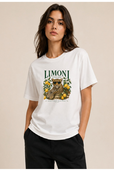 Leopar Baskılı Pamuklu Kadın Sıfır Yaka T-Shirt