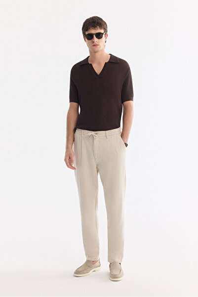 Avva Erkek Bej Beli Bağcıklı Keten Karışımlı Chino Relaxed Fit Pantolon B003036
