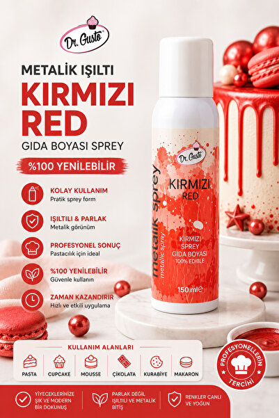 Dr. Gusto Kırmızı Metalik Sprey Gıda Boyası 150 ml – Pasta, Tatlı ve Süslemel...