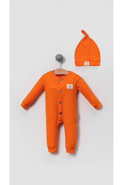 Bubito Unisex Tahta Düğme Görselli Şapkalı Waffle Bebek Tulum - Turuncu