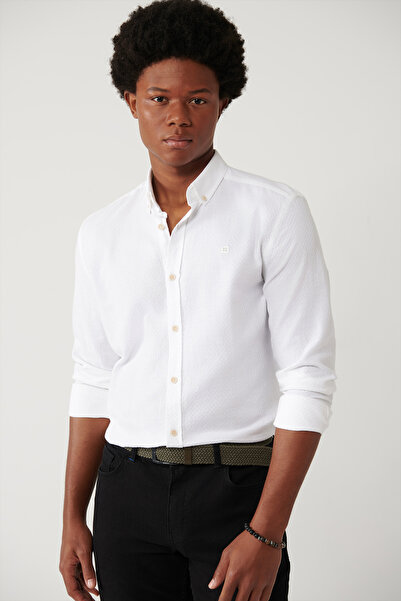 Avva Men's White Button Collar Cotton Shirt A41Y2004