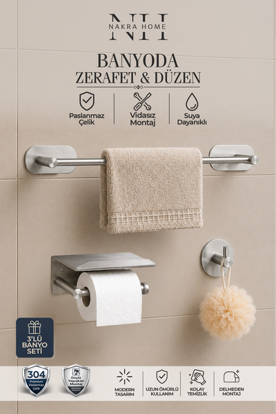NAKRA HOME 3'lü Paslanmaz Çelik Yapışkanlı Havlu Askısı ve Tuvalet Kağıtlığı ...