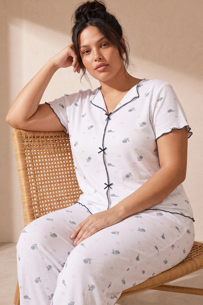 Siyah İnci White Floral Patterned Bowknot Plus Size Ribbed Camisole Knitted P...