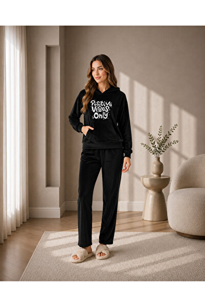 Clyfora Positive Vibes Only Hooded Velvet Pajama Set