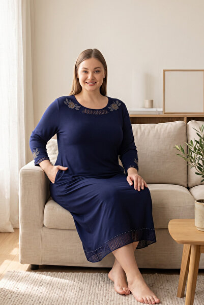ROMEO LİFE Women's Plus Size Viscose Lycra Navy Blue Dress 7134