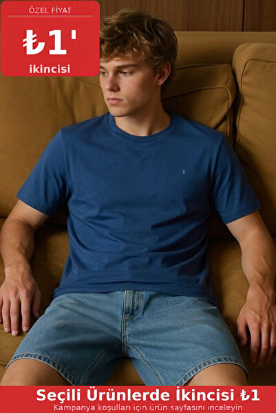 COMBİNE MİCHAİL Men's Short Sleeve Comfortable Cotton Indigo T-Shirt