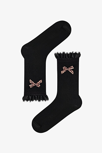 Penti Siyah Leopar Bowtie Pamuklu Soket Çorap