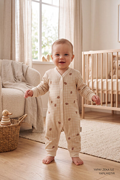 VAUVA Patterned Baby Romper 100% Cotton Long Sleeve Snap Fastener Plaid Patte...