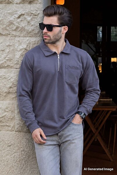 Madmext Dimljeni muški sweatshirt sa polo ovratnikom i dugim rukavima sa pate...