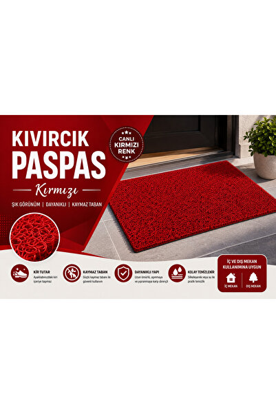 aatolia room & living Kıvırcık Paspas 14 mm Kırmızı Kaymaz Taban İç Dış Mekan...