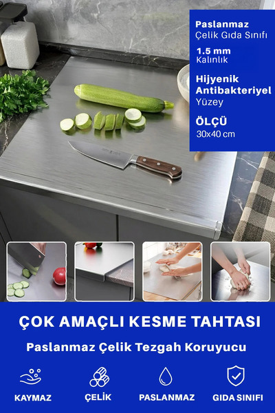 justArt Büyük Boy Paslanmaz Çelik Metal Tezgah Koruyucu - Kesme Tahtası, Hamu...