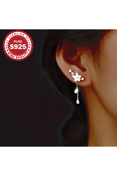 Choice أقراط فضية S925 على شكل زهرة الكرز مع شراشيب، أنيقة ولطيفة على الطراز ...
