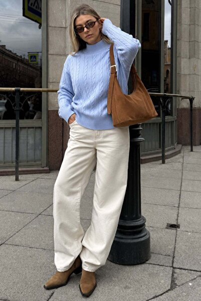 Madmext Blue Half Turtleneck Braided Knitwear Women's Sweater Mg2257