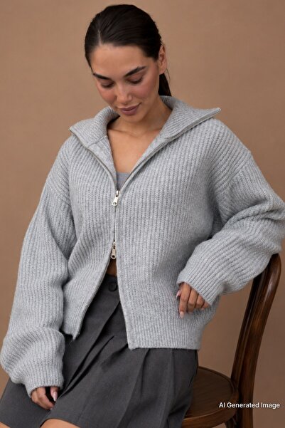 Madmext Hellgraue Damen-Strickjacke mit Doppelreißverschluss Mg2532