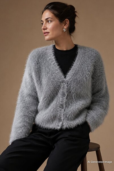 Madmext Gray Bearded Buttoned Women's Cardigan Mg2570