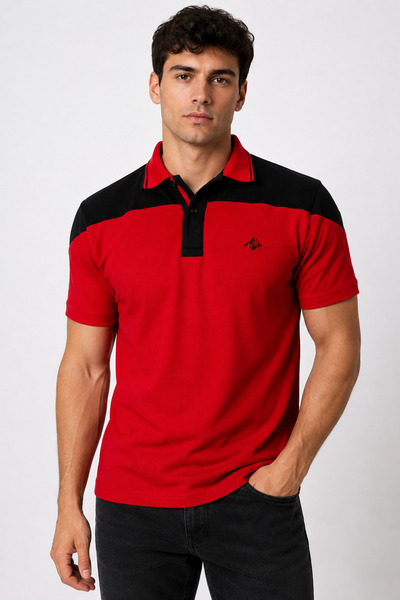 Mesh 100% Cotton Men's Polo Collar Red T-Shirt, Colorful Striped Short Sleeve...