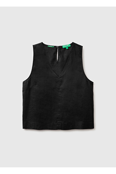 United Colors of Benetton بلوزة نسائية سوداء 100% كتان بياقة على شكل V