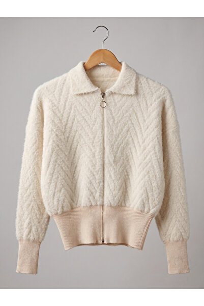Lintersia Cardigan moale crem cu fermoar pentru femei, cu model, textură pufo...