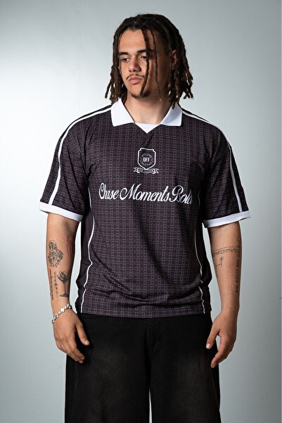 Plus Eighteen Chase Moments Bold Polo Collar Oversize Black Men's Football Je...