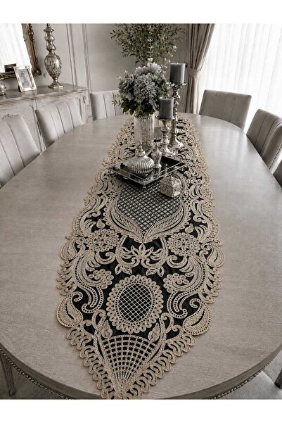 Lena Maison Saray Black Tulle Runner with Embroidery on Black Tulle 135 Cmx45 cm