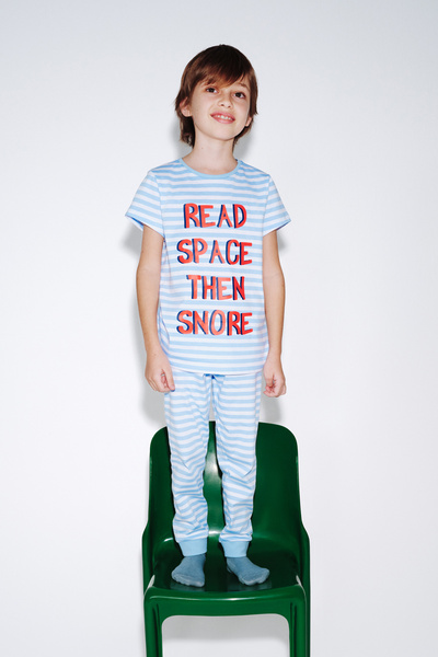 Penti Boy's Blue Striped Space Short Sleeve 2-Piece Pajama Set