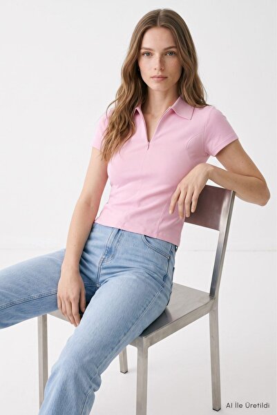 Rays Tricou crop roz cu guler polo și mânecă scurtă 26651