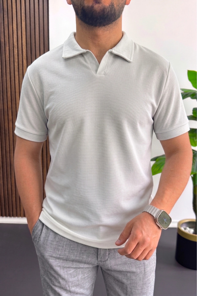 Edwox Men's Breathable Fabric Polo Collar T-Shirt Gray Edw505