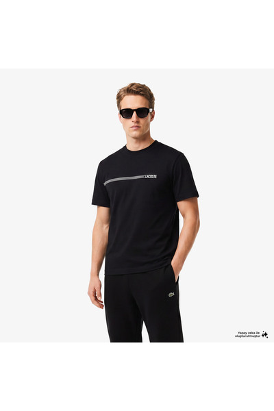 Lacoste Erkek Relaxed Fit Bisiklet Yaka Baskılı Siyah T-Shirt