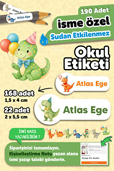MSticker 190 Adet Kişiye Özel Okul Etiketi İsimli Kalem Defter Suluk Etiket S...