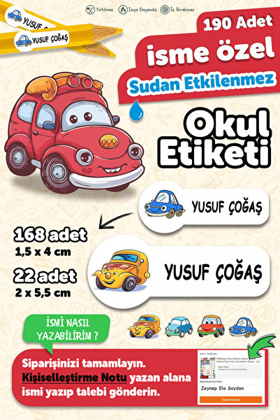 MSticker Okul Etiketi Kalem Defter isimli Etiket Isim Yazılabilen Arabalar - ...