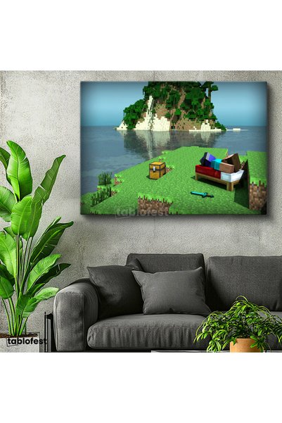 Tablofest Yatay Kanvas Tablo Deniz Kenarında Kamp Minecraft Tablosu Ev Ofis S...